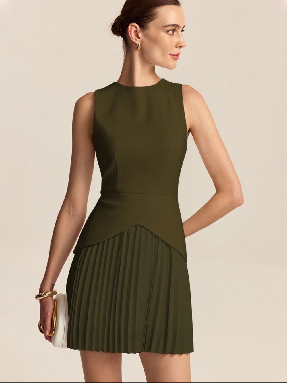 Commense Brown Sleeveless Pleated Mini Dress